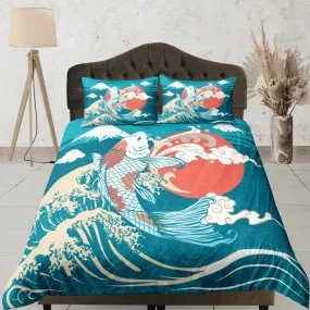 Oriental blue green bedding, koi fish in big ocean waves on japanese duvet cover set for king, queen, full, twin, single bed, zipper bedding