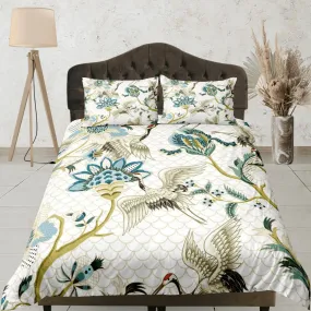 Oriental White Duvet Cover Set Japanese Bedding Kimono Design Crane Bird Floral Pattern Duvet Pillowcase Set