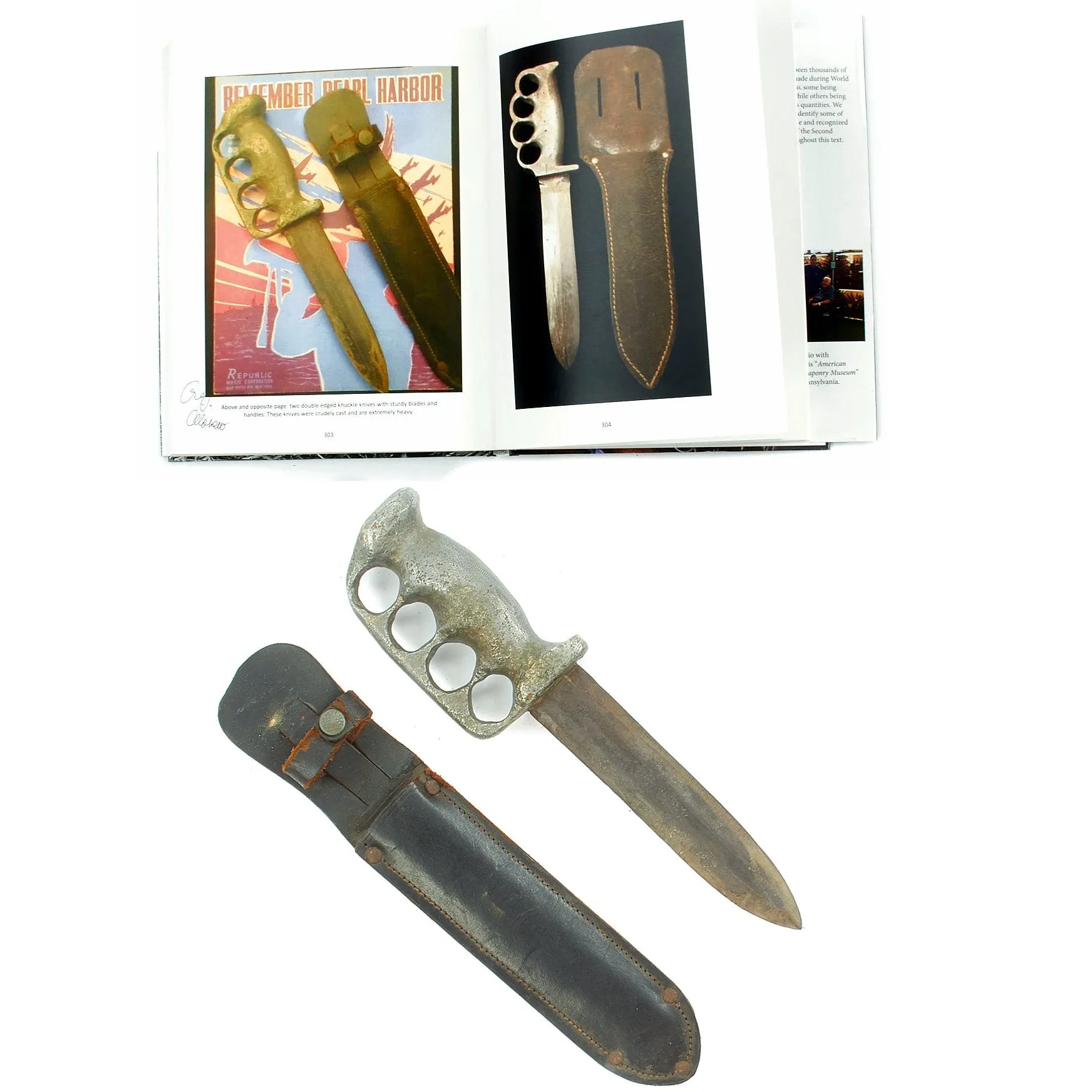 Original U.S. WWII Custom Knuckle Duster Fighting Knife As Seen in Book Signed By Author - Page 303