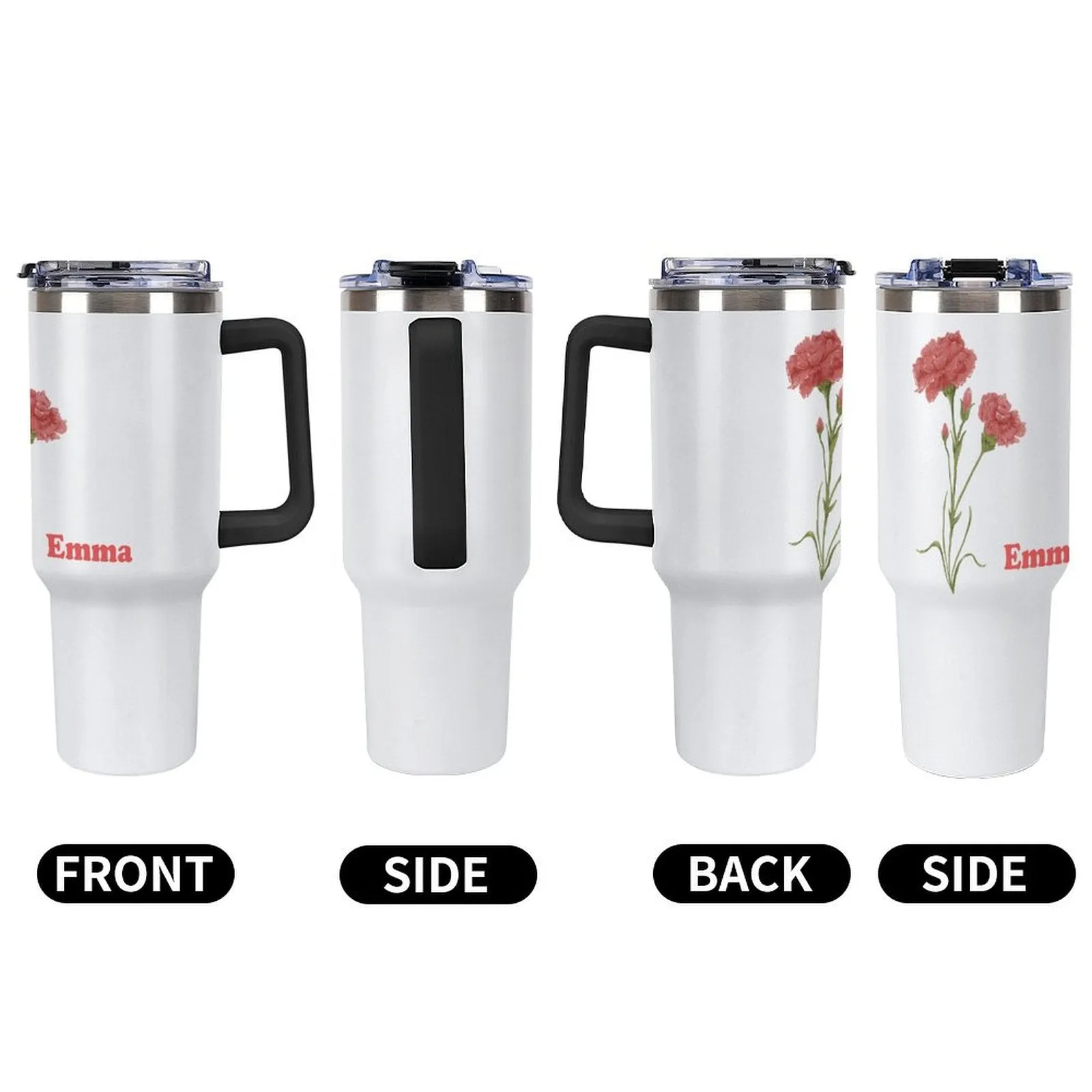 Personalized Birth Flower 40oz Tumbler with Name, Custom 40oz Tumbler with Handle, Straw, Lid, Brush Birth Month Flowers