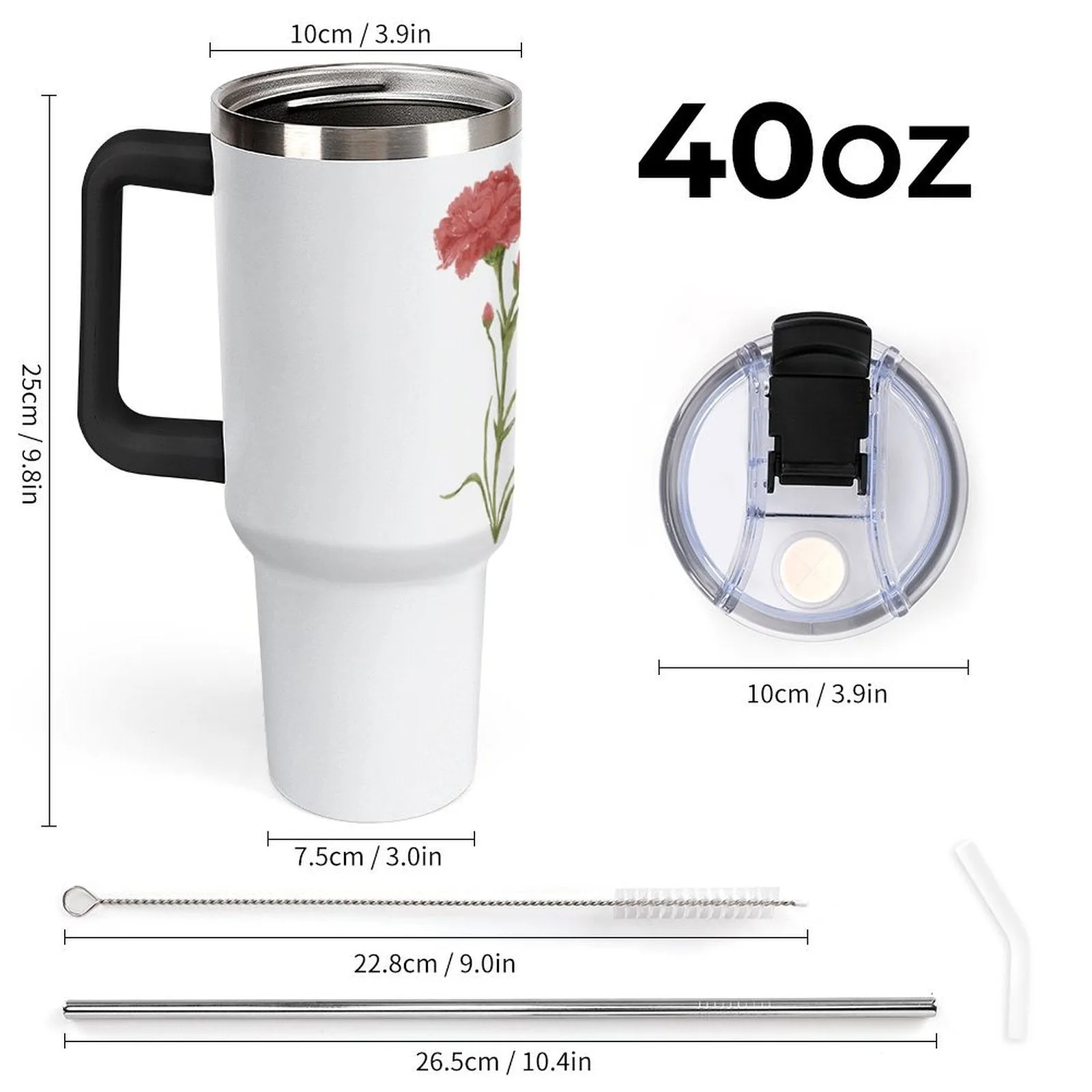 Personalized Birth Flower 40oz Tumbler with Name, Custom 40oz Tumbler with Handle, Straw, Lid, Brush Birth Month Flowers