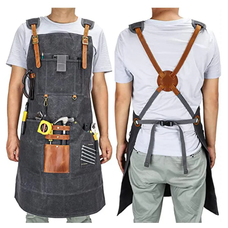 Personalized Waxed Canvas and Leather Work Apron with Pockets Heavy Duty Woodworking and Metalworking Apron Monogrammed Gift for Him