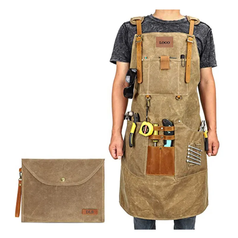 Personalized Waxed Canvas and Leather Work Apron with Pockets Heavy Duty Woodworking and Metalworking Apron Monogrammed Gift for Him