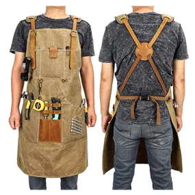 Personalized Waxed Canvas and Leather Work Apron with Pockets Heavy Duty Woodworking and Metalworking Apron Monogrammed Gift for Him