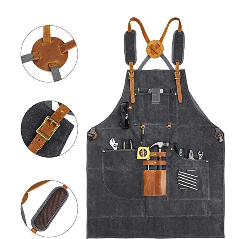 Personalized Waxed Canvas and Leather Work Apron with Pockets Heavy Duty Woodworking and Metalworking Apron Monogrammed Gift for Him