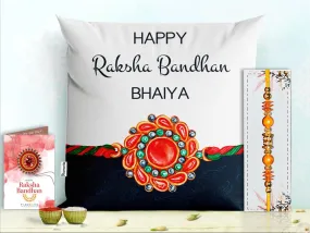 Pillow Rakhi for Brother with Gift - Rakhi with Rakhi Cushion with Filler Greeting Card- Rakhi for Brother, Gifts for Brother, Gifts for Rakhi, Gifts for Rakshabandhan Rakhi Gifts-PF-CU-26