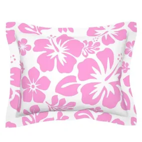 Pink Hawaiian Hibiscus Flowers on White Pillow Sham