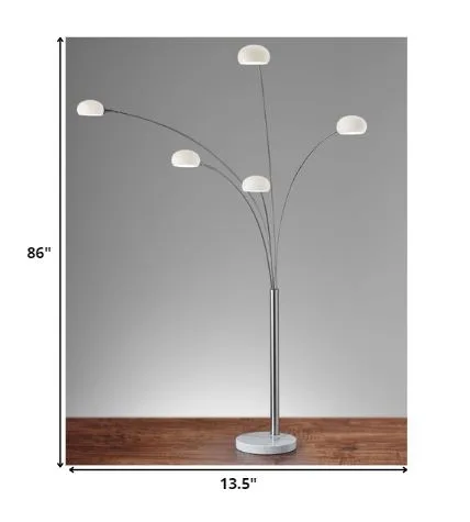 "86"" Steel Five Light Tree Floor Lamp With White Solid Color Bell Shade"