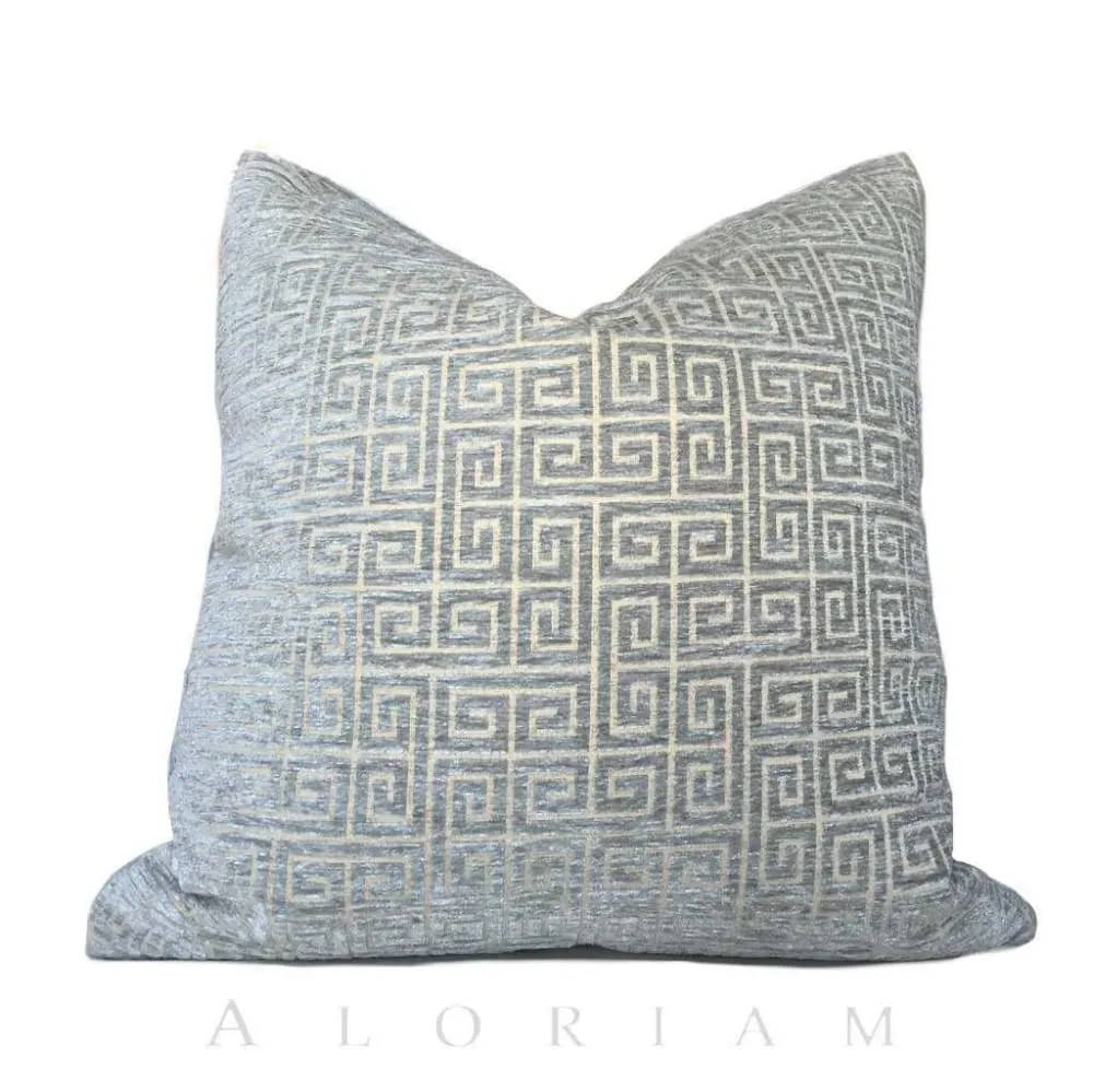 Robert Allen Greek Key Geometric Cloudy Blue-Green Gray Velvet Pillow Cover