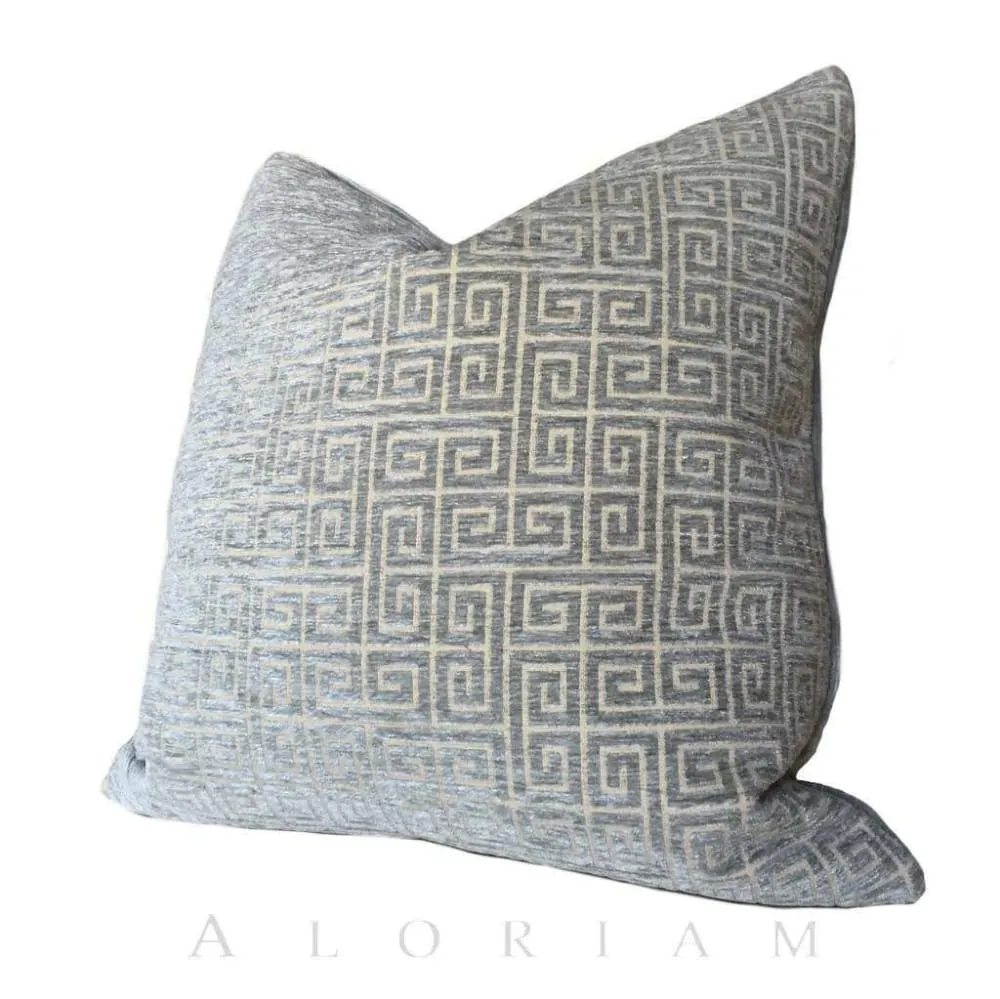 Robert Allen Greek Key Geometric Cloudy Blue-Green Gray Velvet Pillow Cover