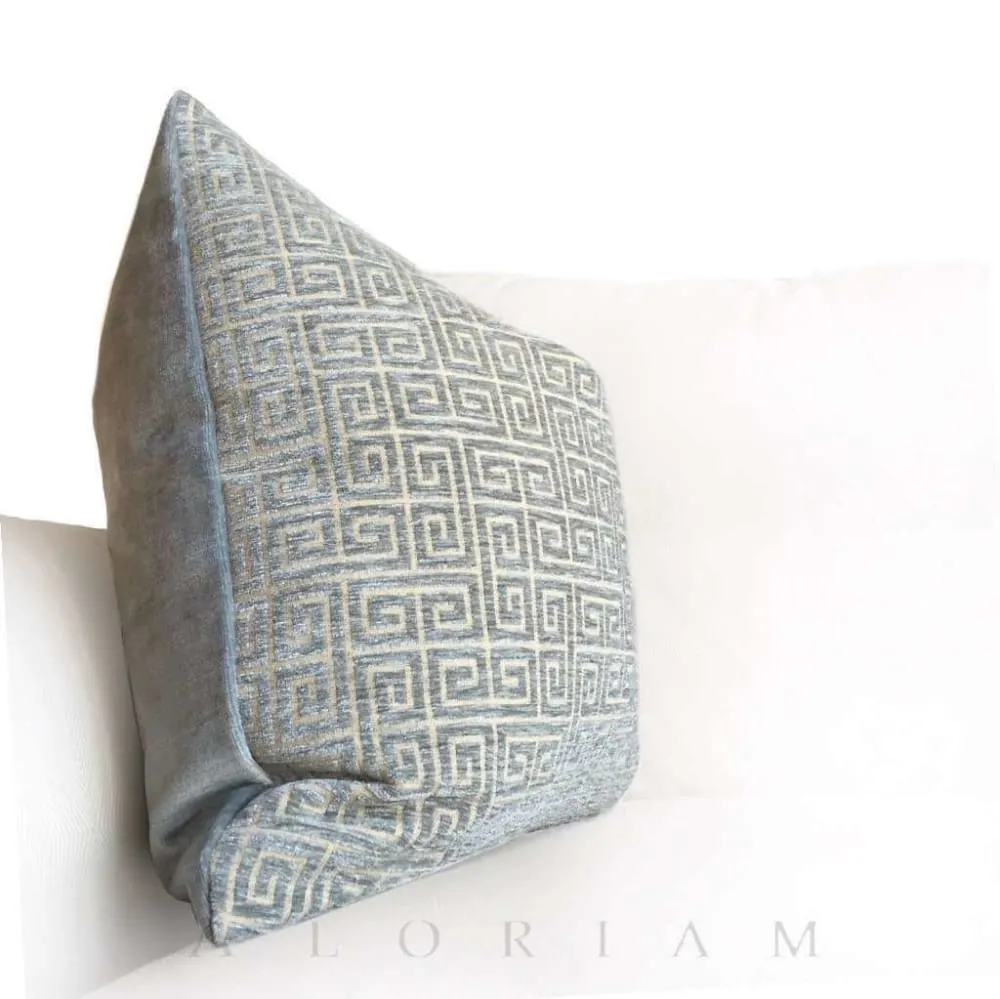 Robert Allen Greek Key Geometric Cloudy Blue-Green Gray Velvet Pillow Cover