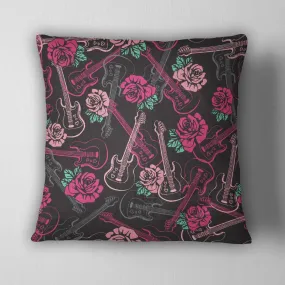 Rockabilly Guitar Rose Throw Pillow