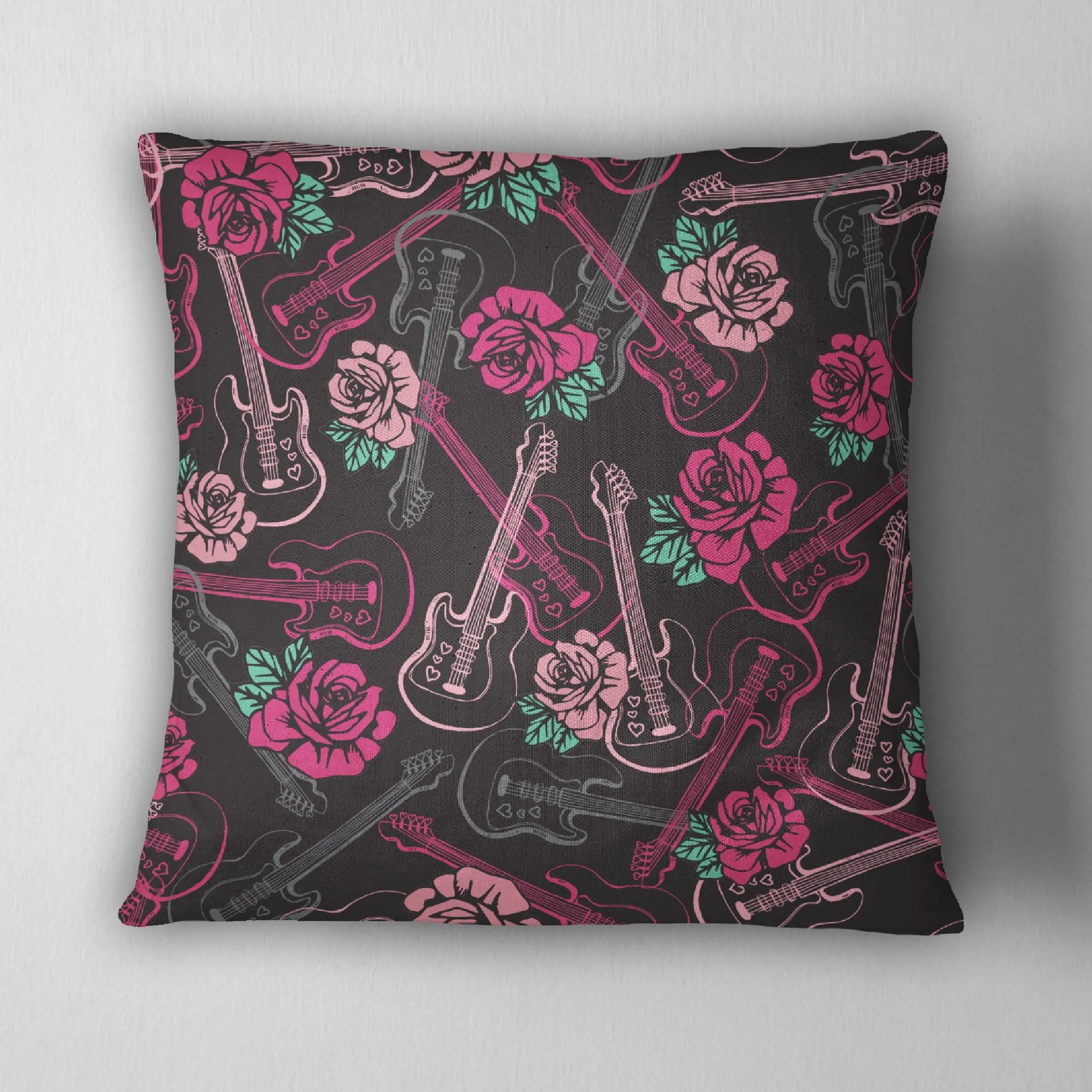 Rockabilly Guitar Rose Throw Pillow