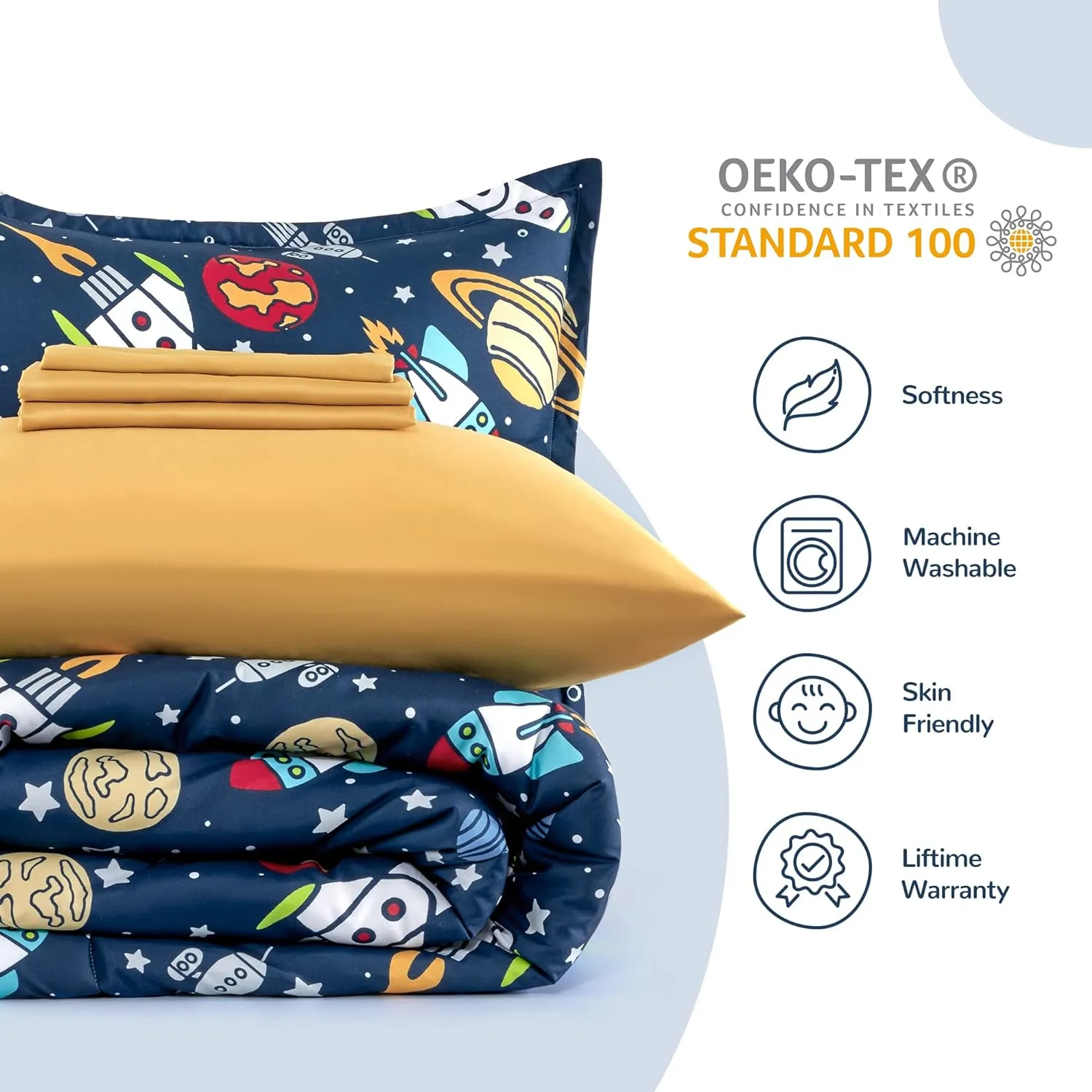 Rocket Galaxy Printed Kids Bedding Set Navy Blue/Yellow