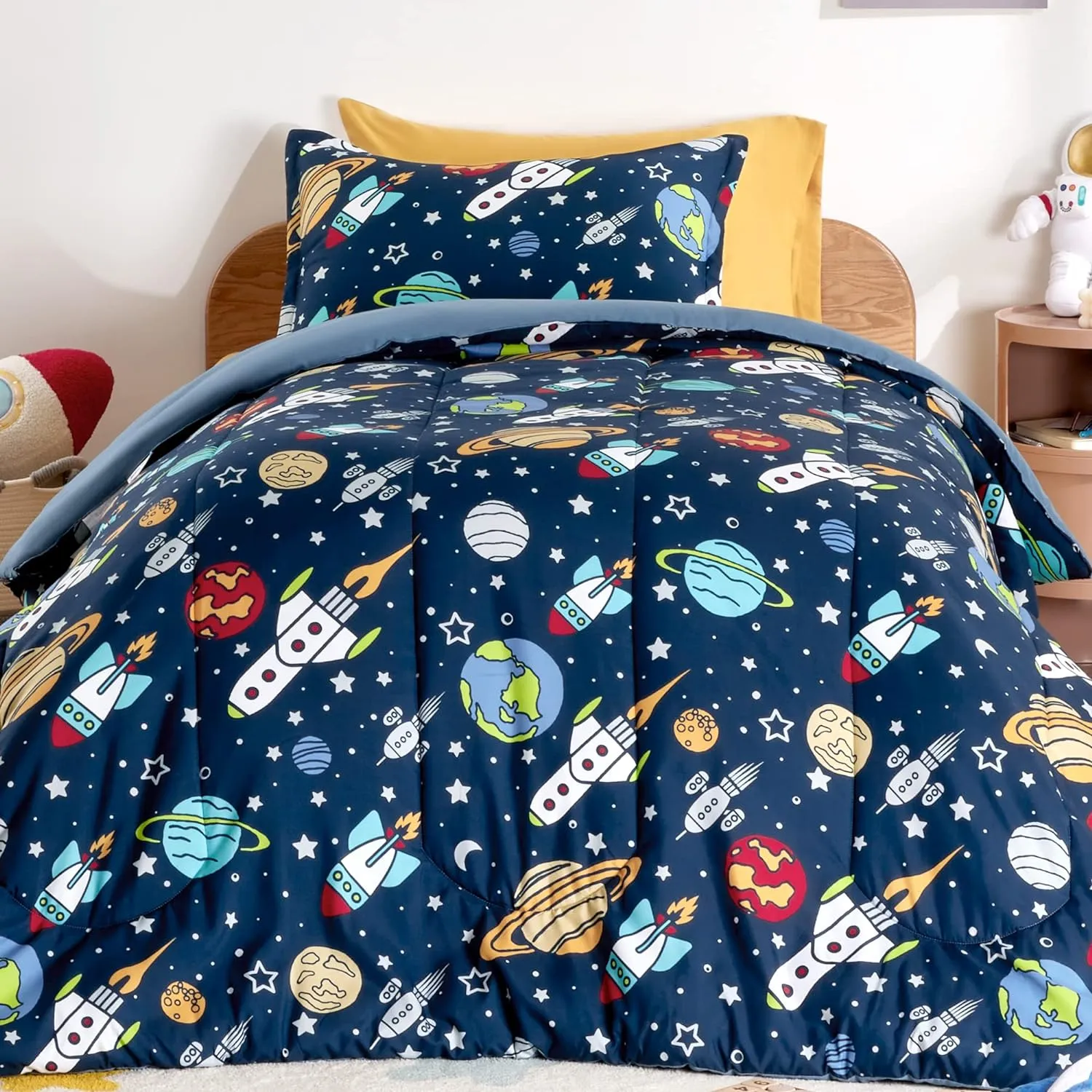 Rocket Galaxy Printed Kids Bedding Set Navy Blue/Yellow