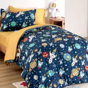 Rocket Galaxy Printed Kids Bedding Set Navy Blue/Yellow