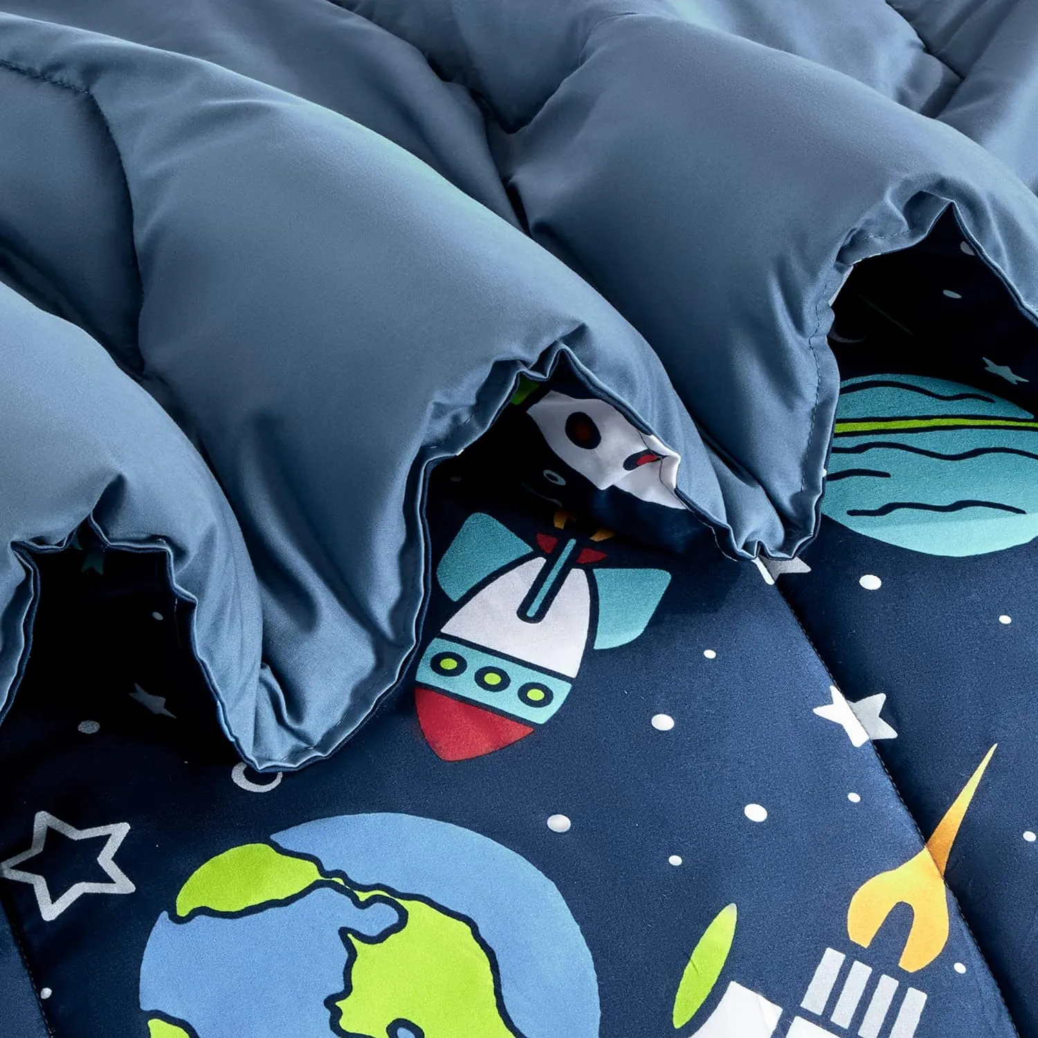 Rocket Galaxy Printed Kids Bedding Set Navy Blue/Yellow