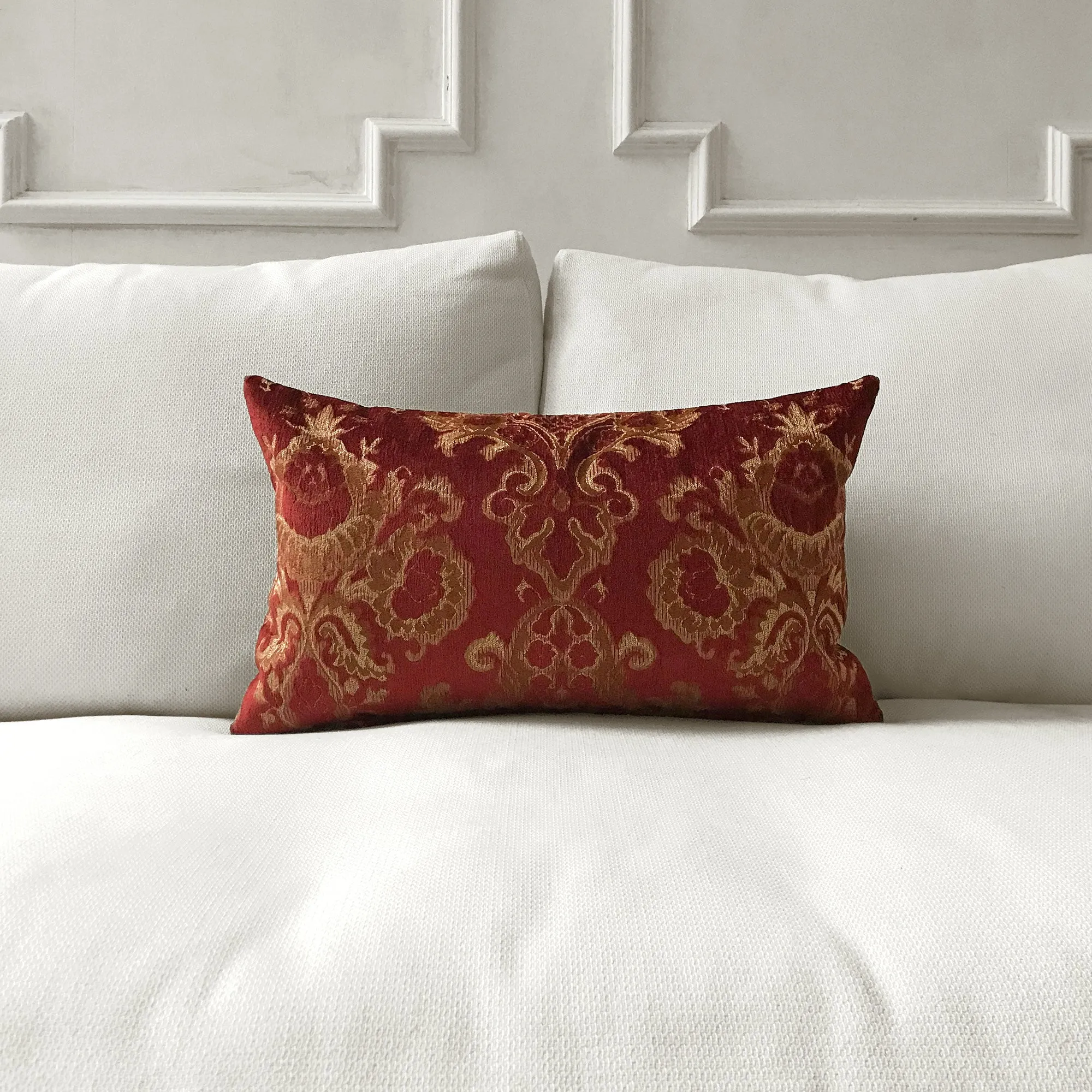 Ruby Red Traditional Damask Lumbar Pillow Cover 13x22