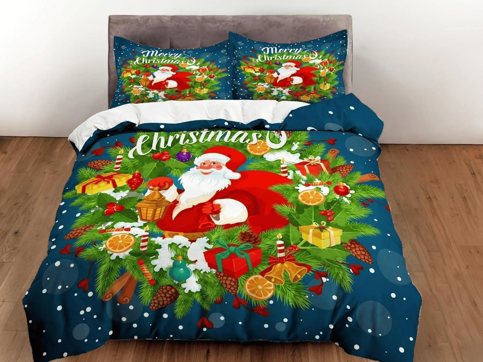 Santa Claus Merry Christmas bedding & pillowcase holiday gift blue duvet cover king queen full twin toddler bedding baby Christmas farmhouse