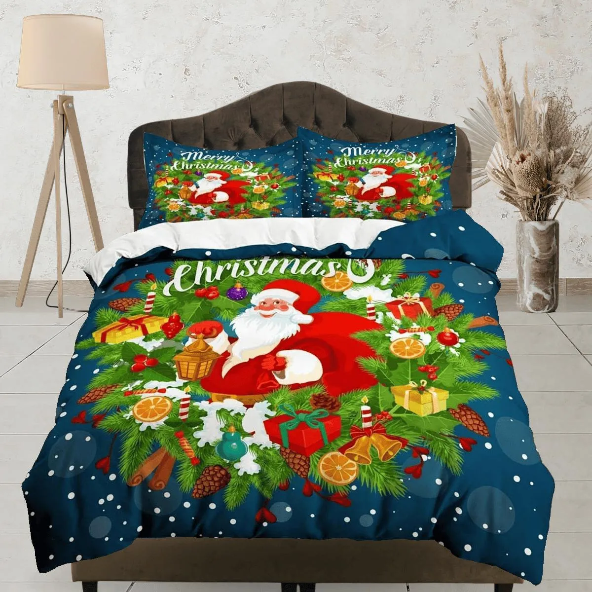 Santa Claus Merry Christmas bedding & pillowcase holiday gift blue duvet cover king queen full twin toddler bedding baby Christmas farmhouse