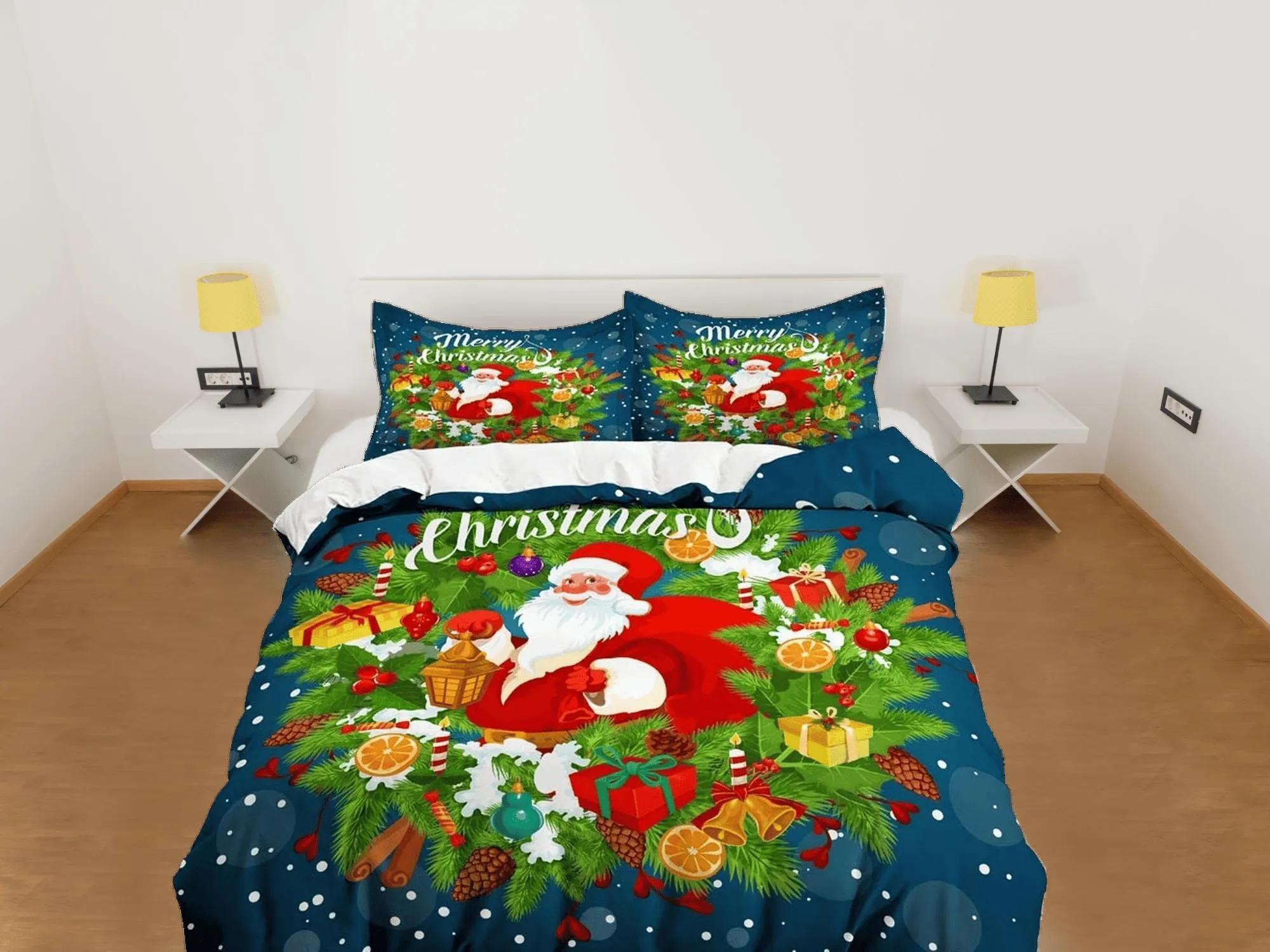 Santa Claus Merry Christmas bedding & pillowcase holiday gift blue duvet cover king queen full twin toddler bedding baby Christmas farmhouse