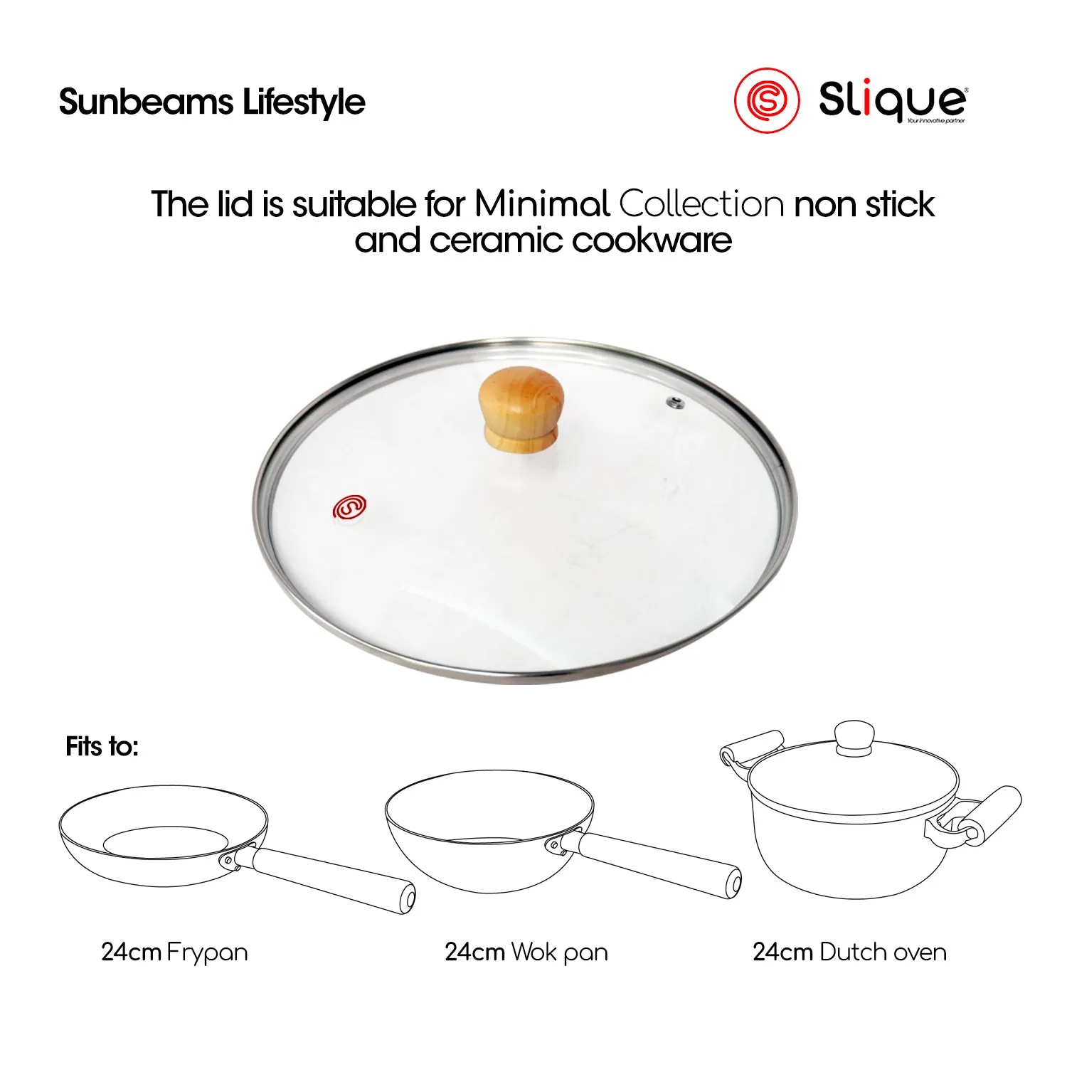 Slique Glass Lid Tempered Glass & Stainless Steel Rim with Wooden Knob