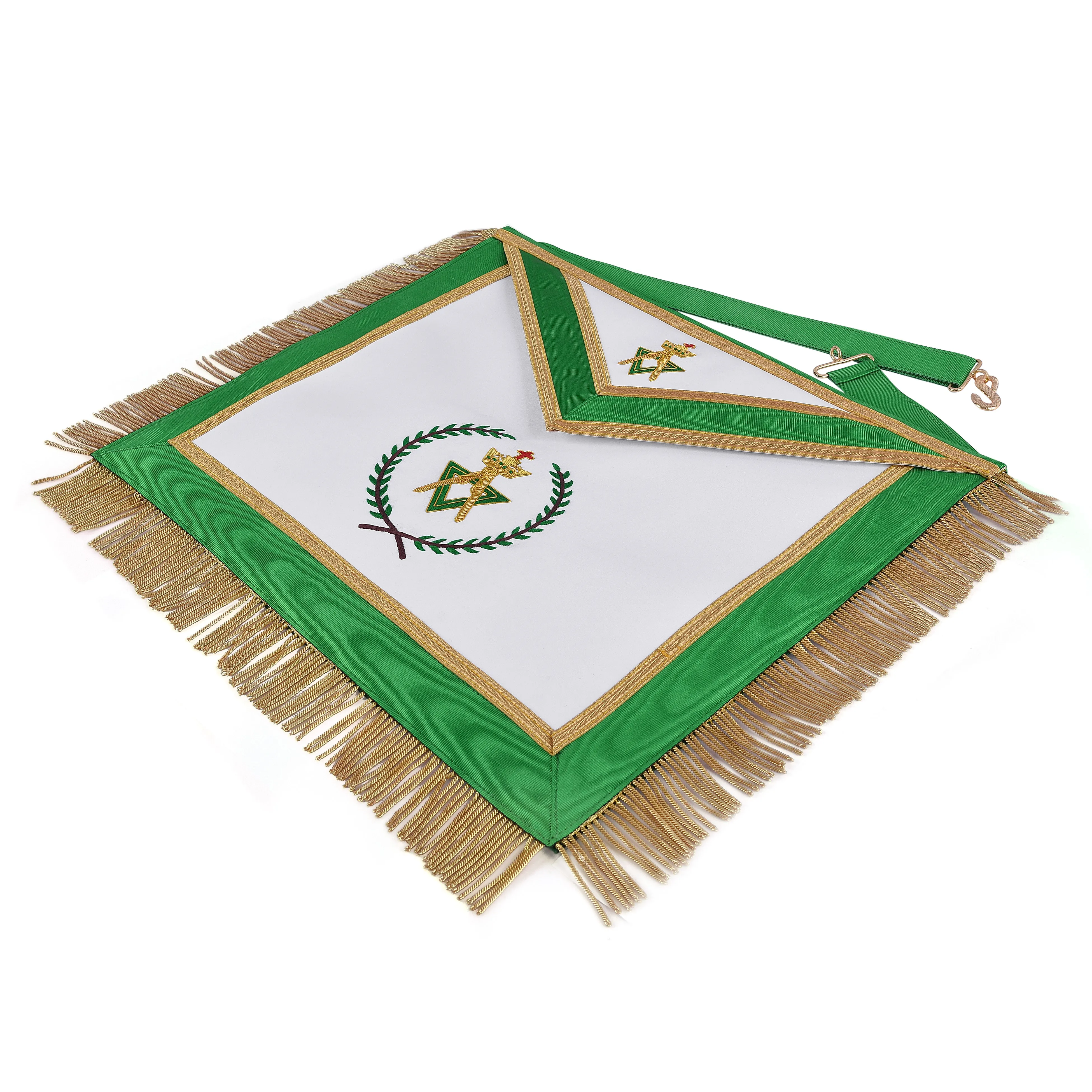 Sovereign Master Allied Masonic Degrees Apron - Green Ribbon With Gold Trim & Fringe