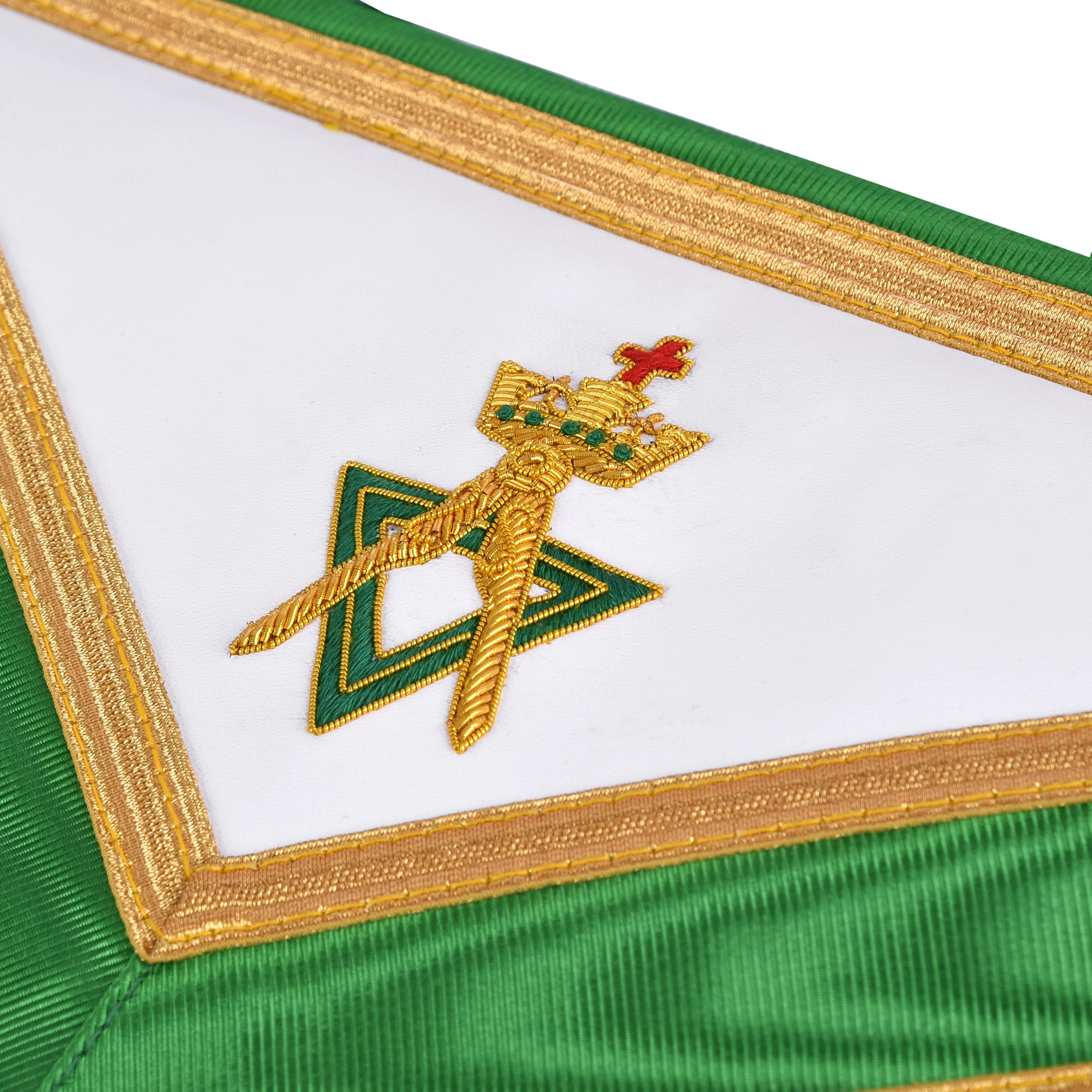 Sovereign Master Allied Masonic Degrees Apron - Green Ribbon With Gold Trim & Fringe