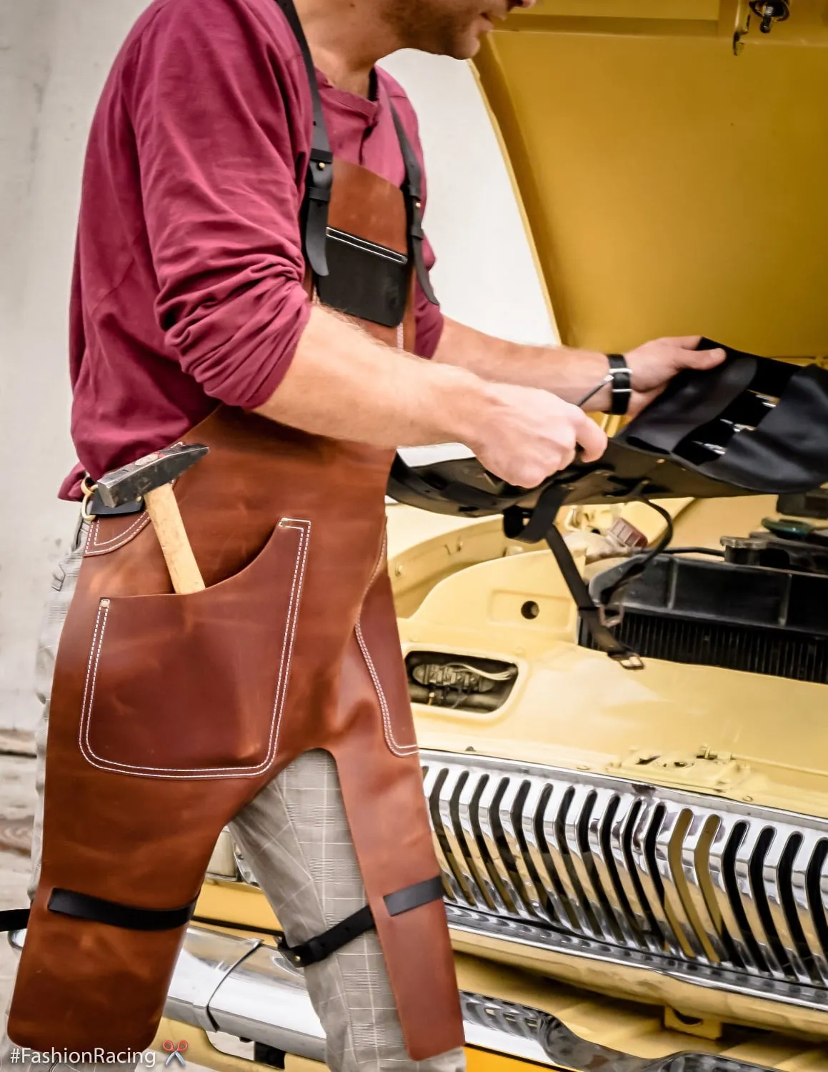 Split Leg Leather Apron, Personalized Leather Brown Apron