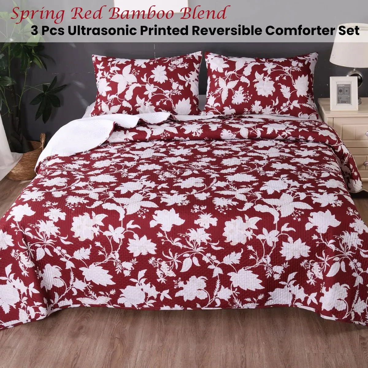 Spring Red 3 Pcs Bamboo Blend Ultrosonic Reversible Comforter Set Queen