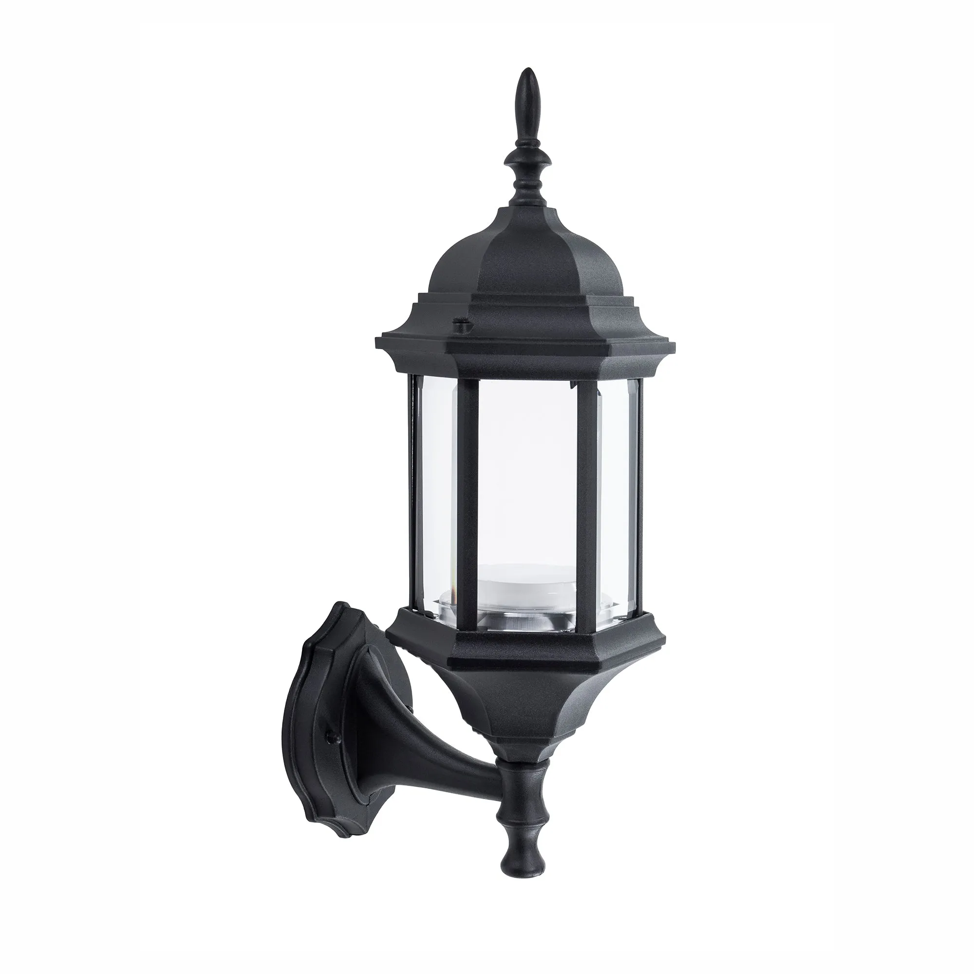 Straight Hex Integrated LED Wall Sconce Lantern Up Light, 800 Lumens, 3K, Black Finish with Clear Glass