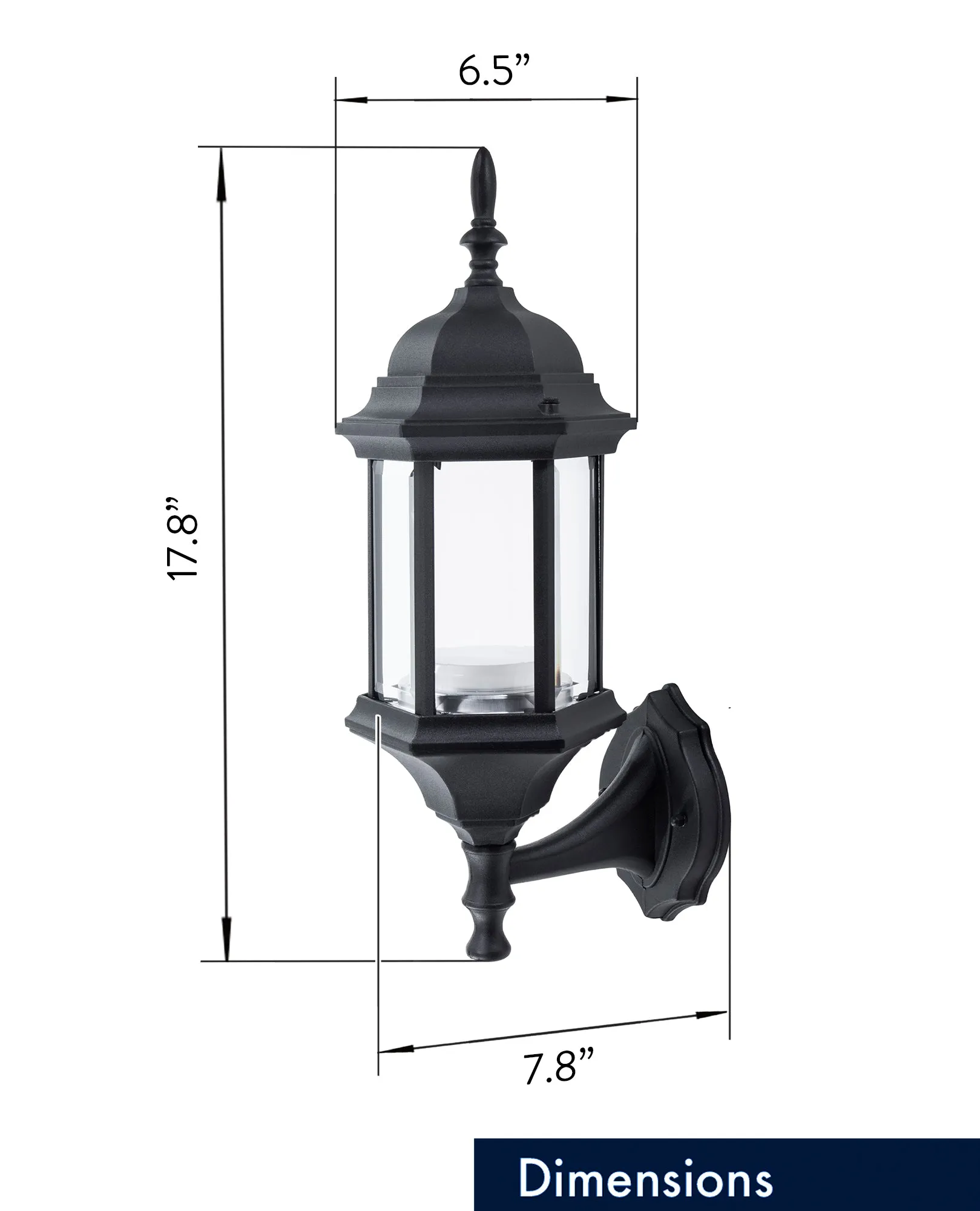 Straight Hex Integrated LED Wall Sconce Lantern Up Light, 800 Lumens, 3K, Black Finish with Clear Glass