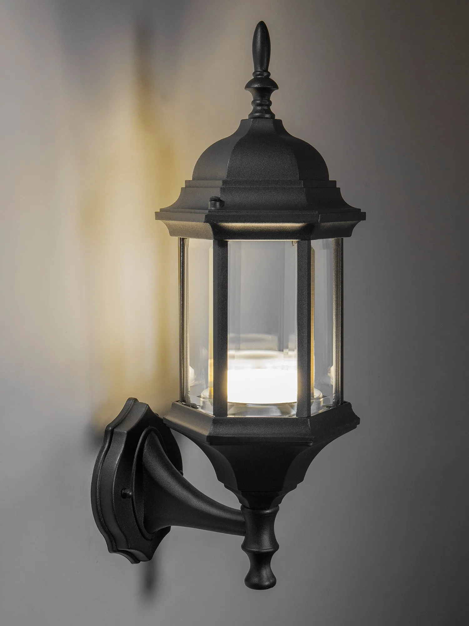 Straight Hex Integrated LED Wall Sconce Lantern Up Light, 800 Lumens, 3K, Black Finish with Clear Glass