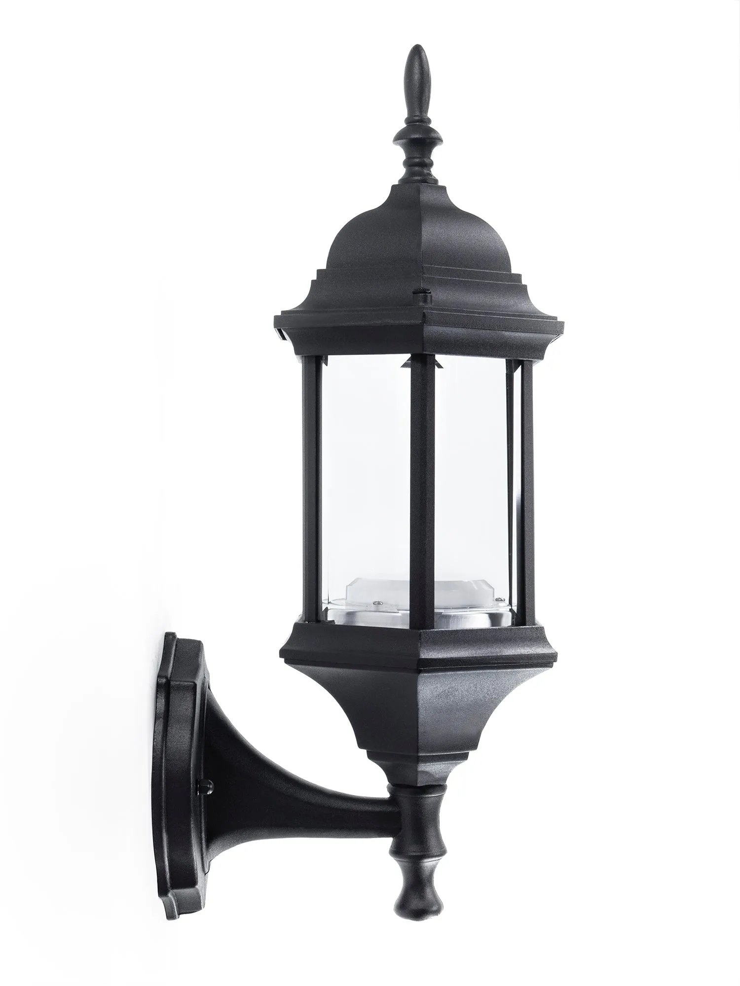 Straight Hex Integrated LED Wall Sconce Lantern Up Light, 800 Lumens, 3K, Black Finish with Clear Glass