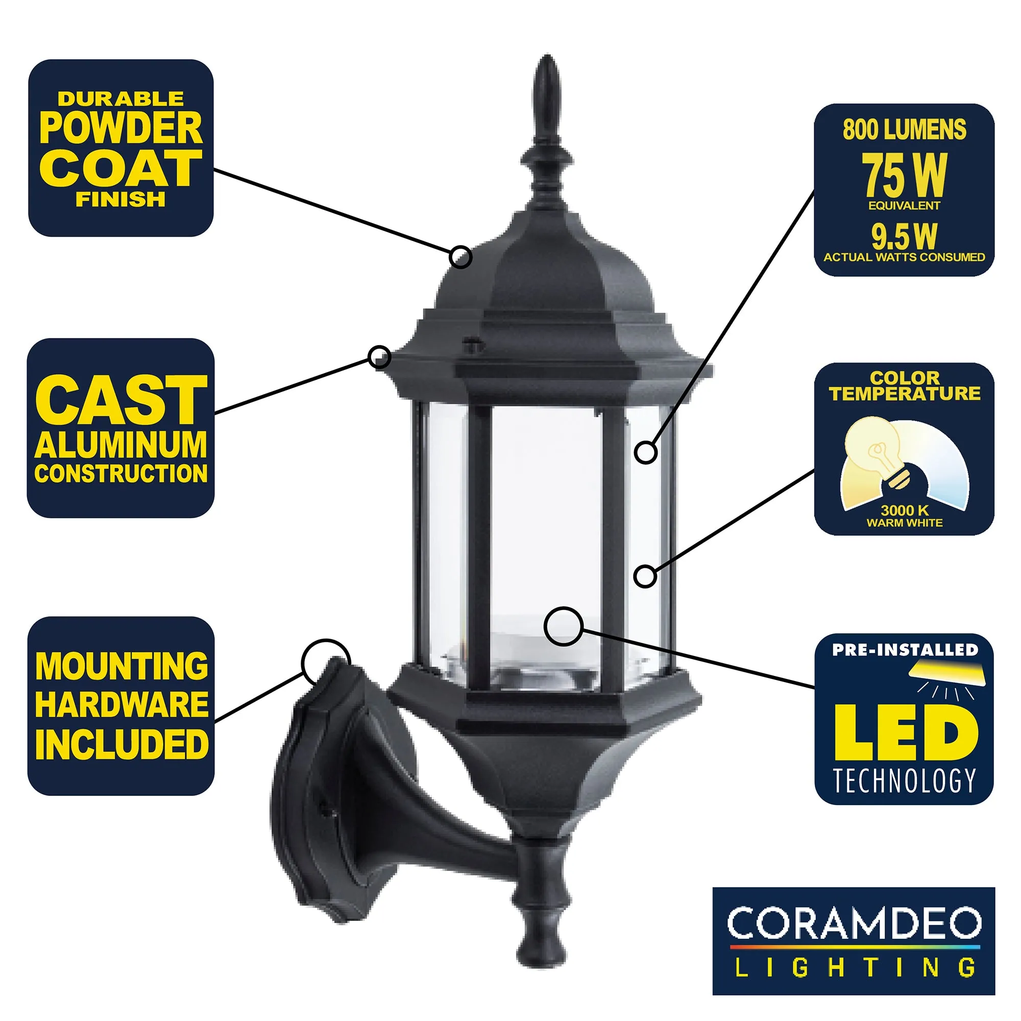 Straight Hex Integrated LED Wall Sconce Lantern Up Light, 800 Lumens, 3K, Black Finish with Clear Glass