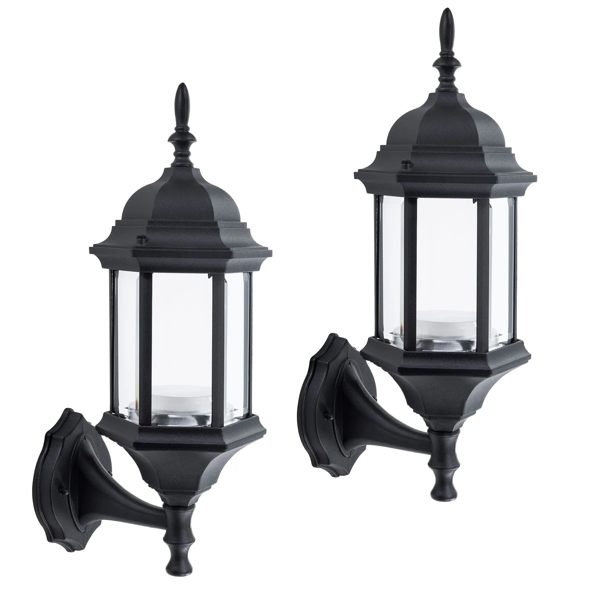 Straight Hex Integrated LED Wall Sconce Lantern Up Light, 800 Lumens, 3K, Black Finish with Clear Glass