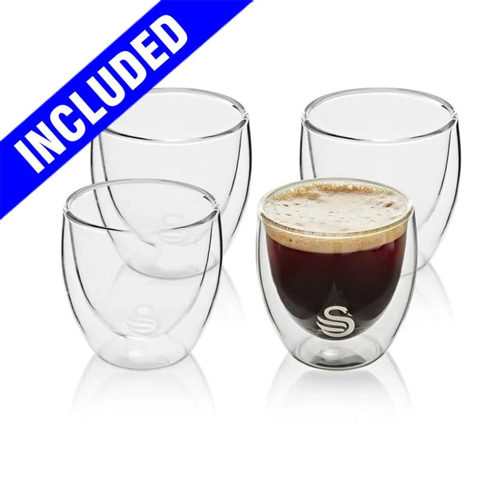 Swan Espresso Maker with 4 Double Wall Espresso Glasses