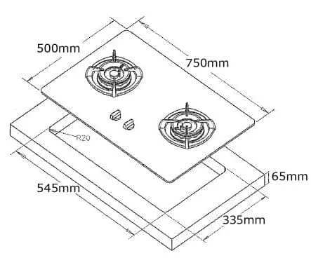 Tecno Uno T 22 TGSV Toughened Glass Hob (SCHOTT) 75cm, V.V.S  2 Burners (2x Big)