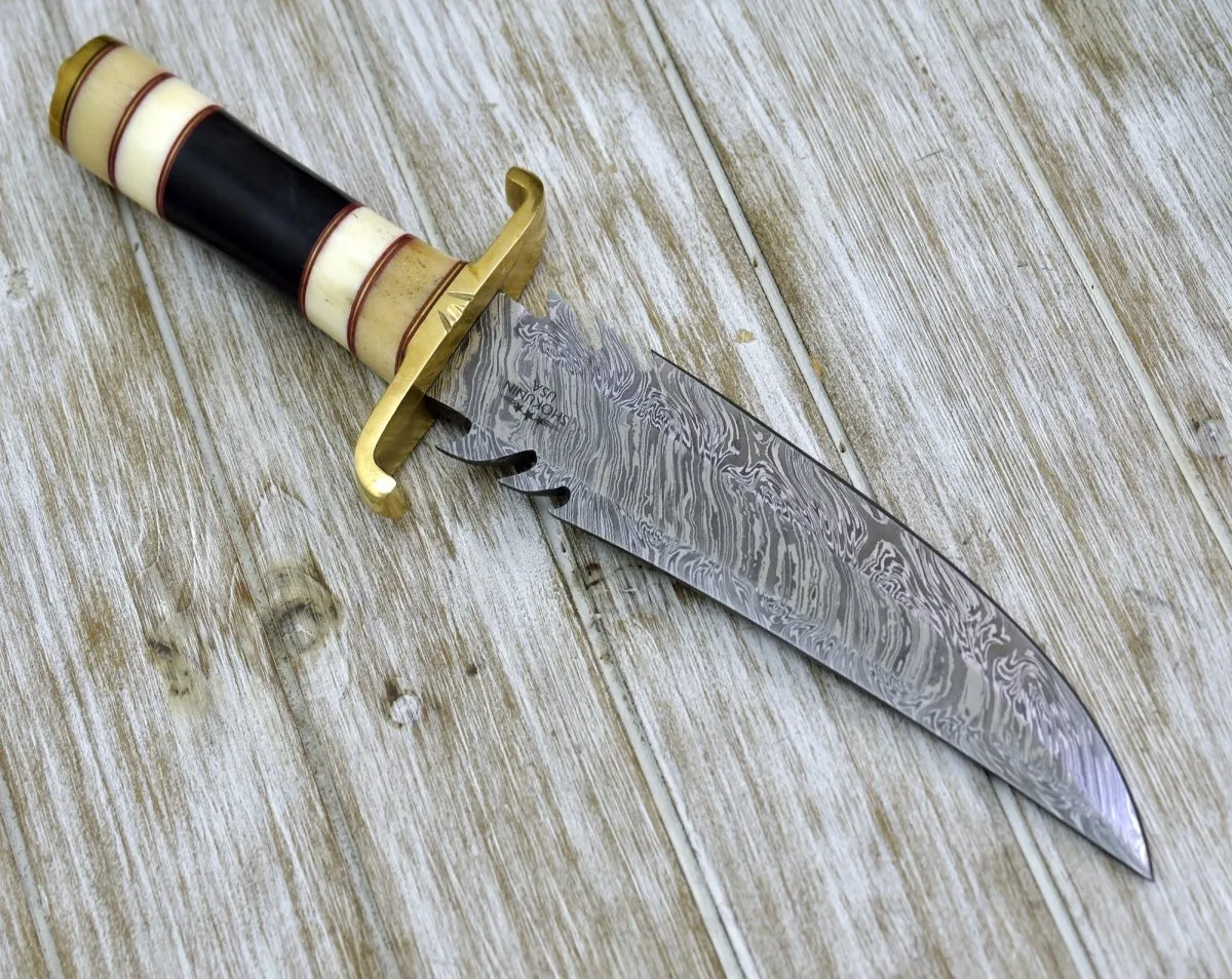 Tempest Damascus Bowie Knife with Bone & Horn Handle