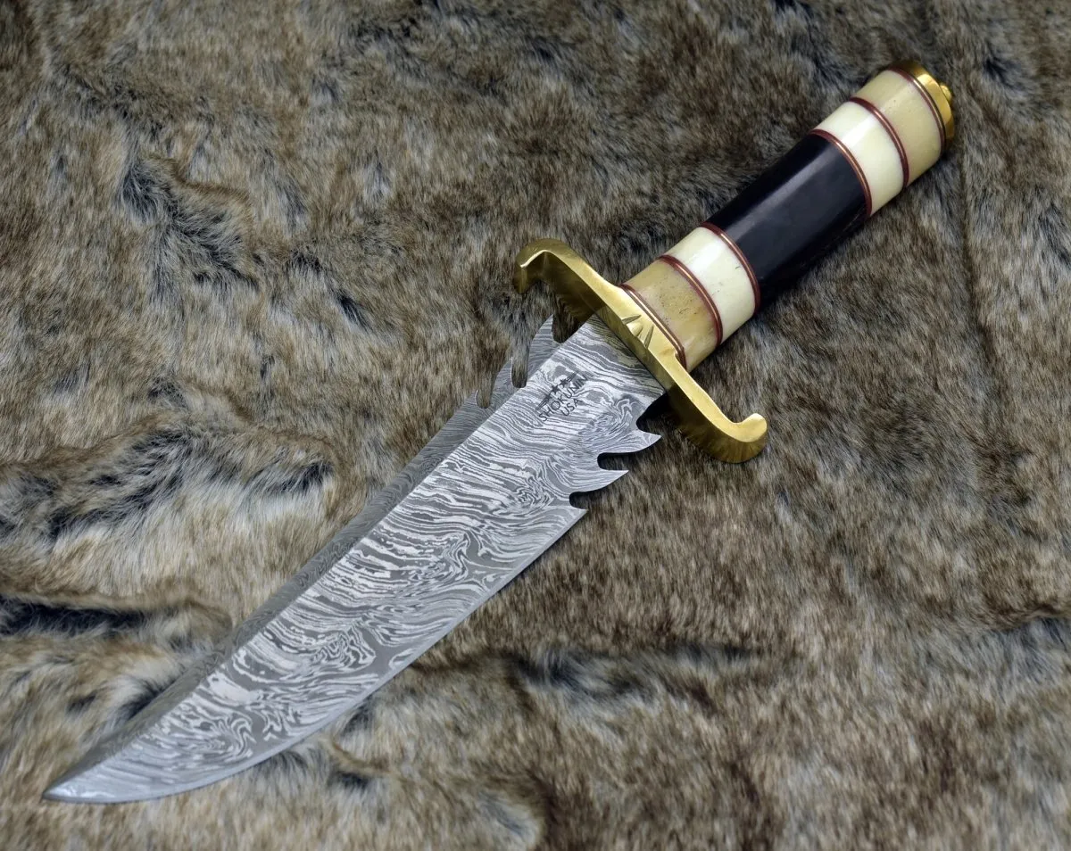 Tempest Damascus Bowie Knife with Bone & Horn Handle