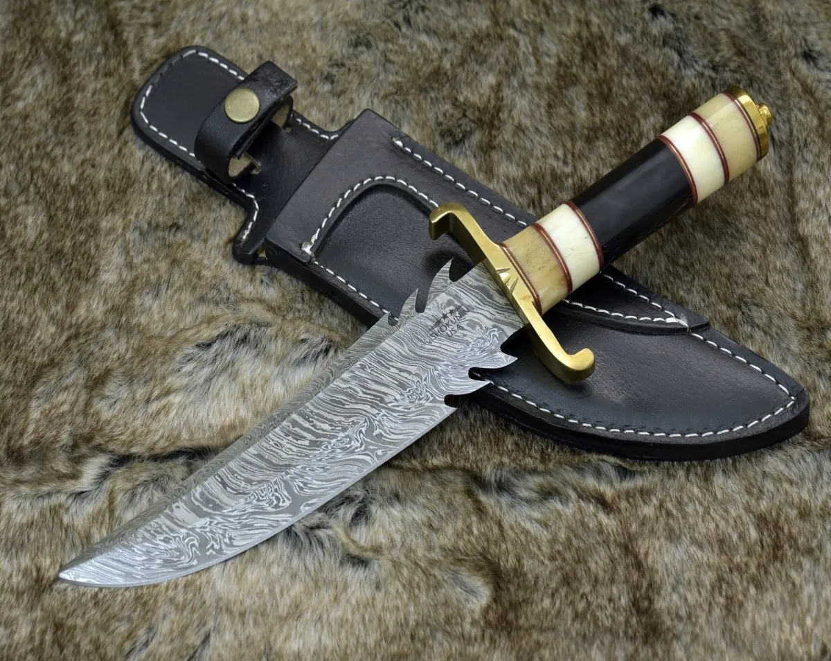 Tempest Damascus Bowie Knife with Bone & Horn Handle