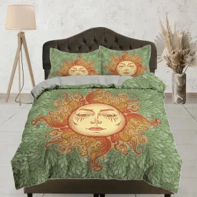 The Sun Tarot Astrology Boho Bedding Sage Green, Zodiac Gift Celestial Dorm Bedding, Duvet Cover, Aesthetic Duvet King Queen Full Twin