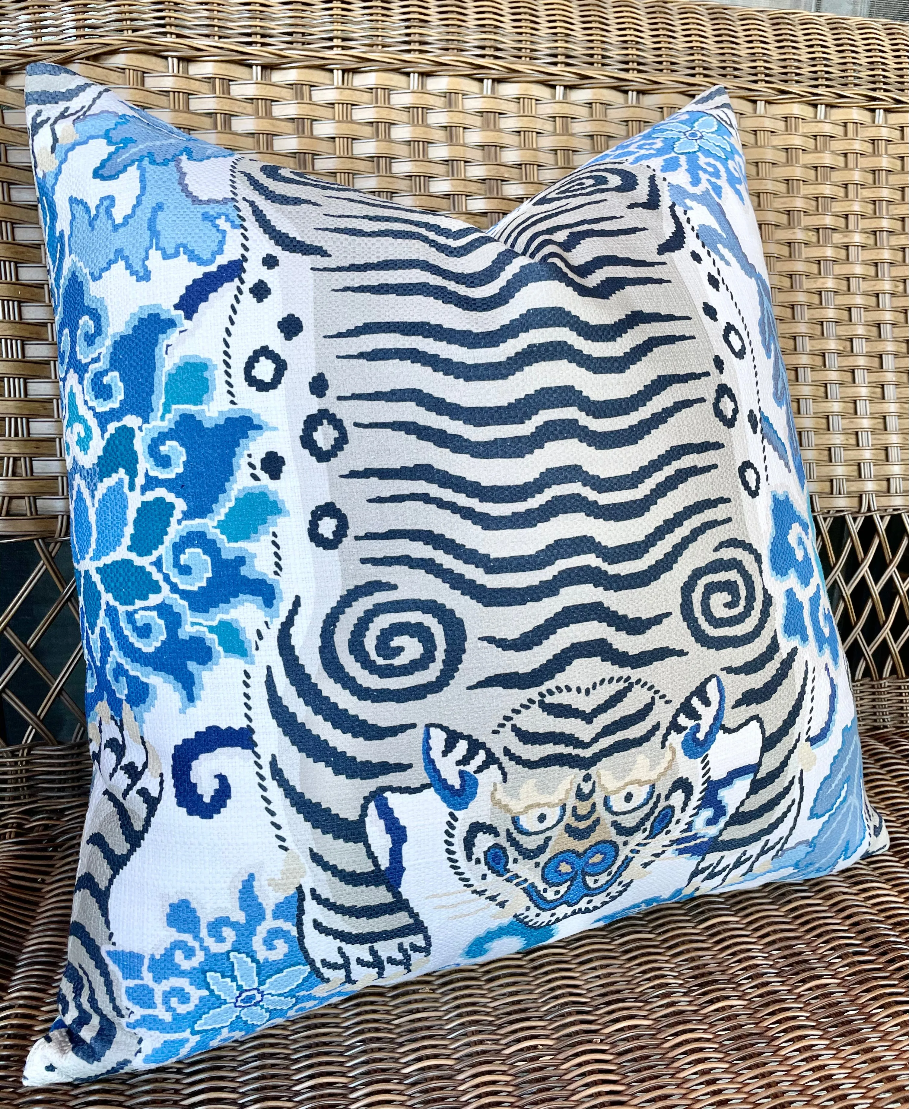 Tiger Floral Pillow Cover in Blue & Grey / Chinoiserie Pillows / Available in 8 Sizes