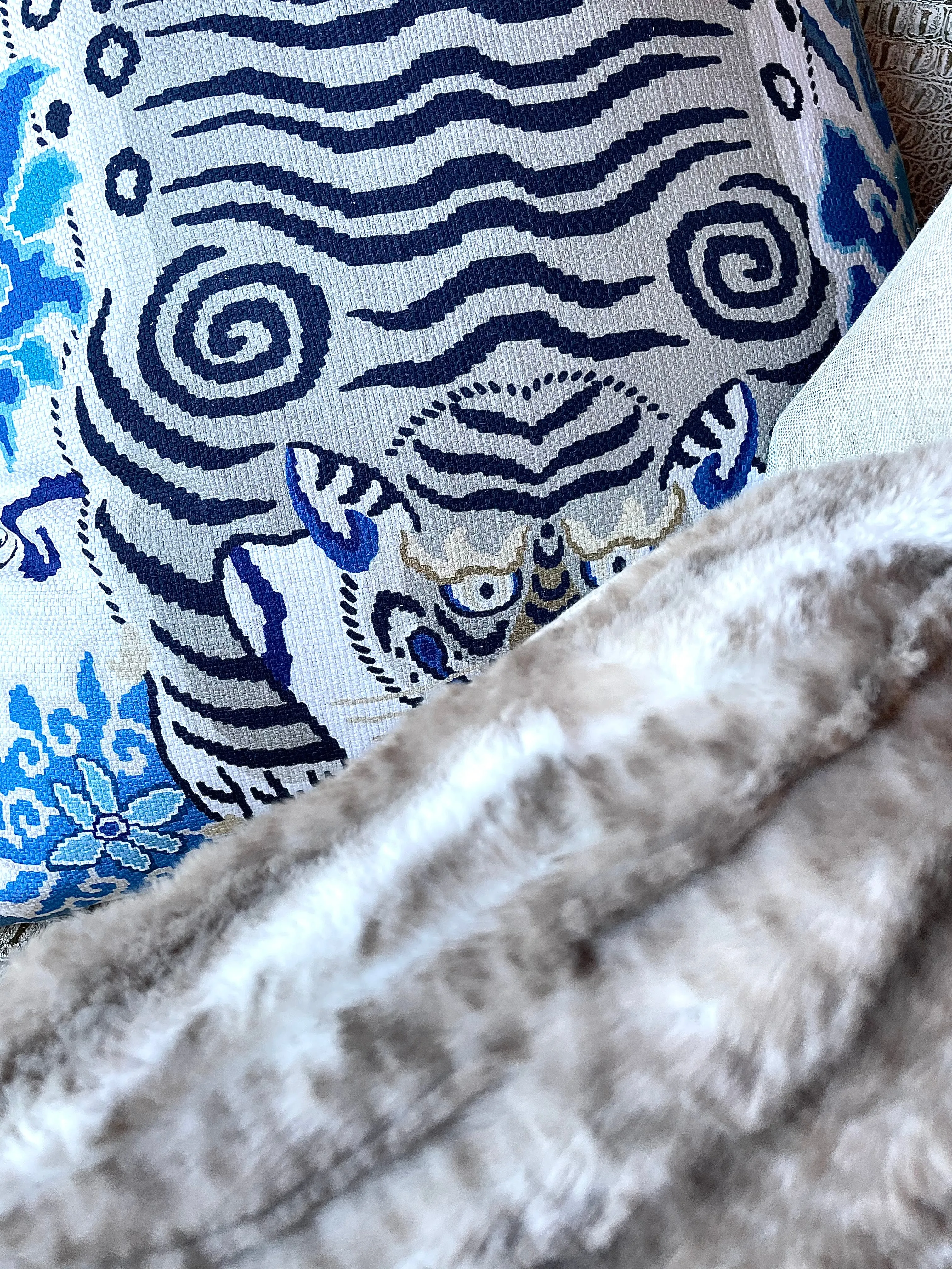 Tiger Floral Pillow Cover in Blue & Grey / Chinoiserie Pillows / Available in 8 Sizes