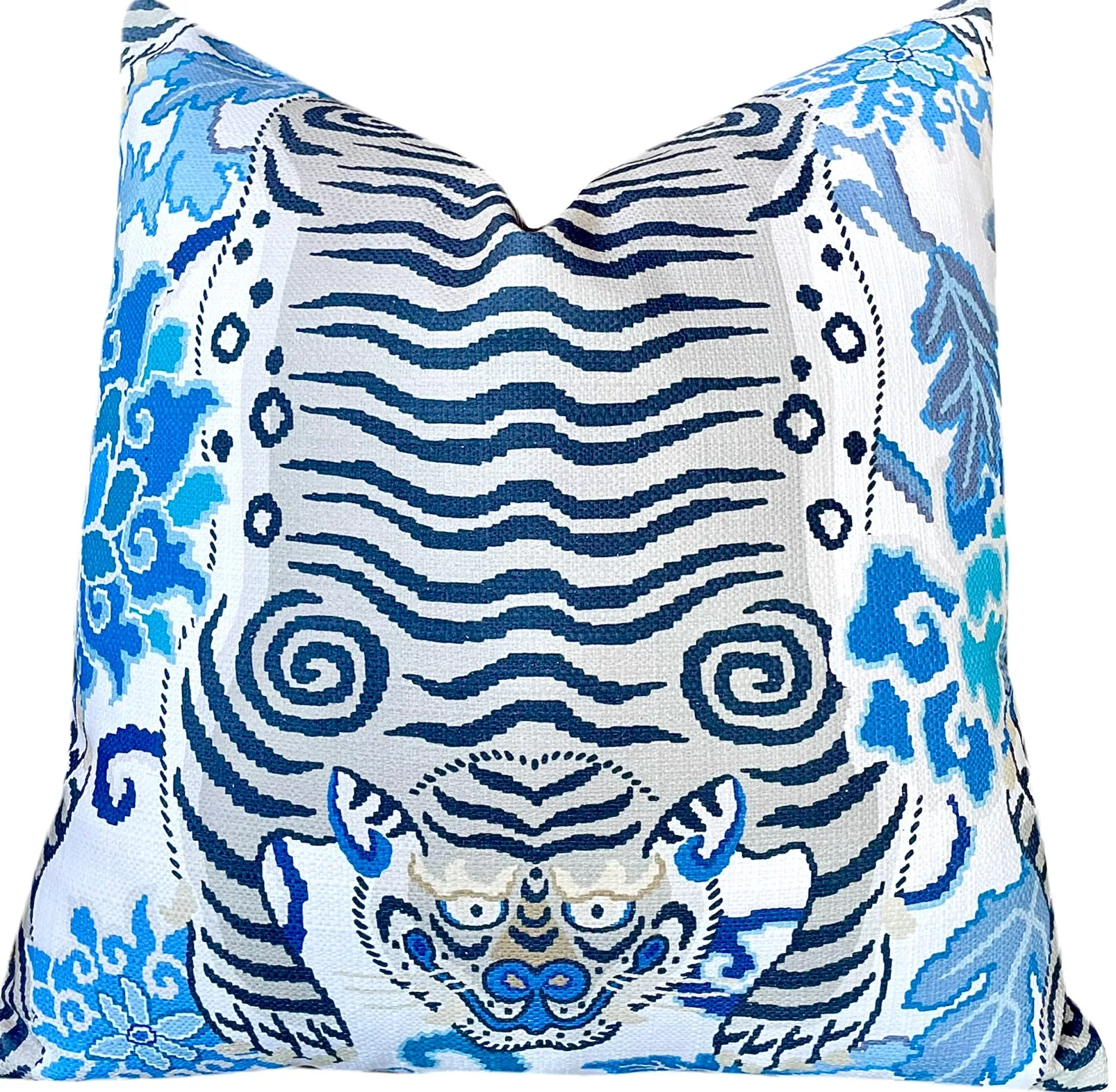 Tiger Floral Pillow Cover in Blue & Grey / Chinoiserie Pillows / Available in 8 Sizes