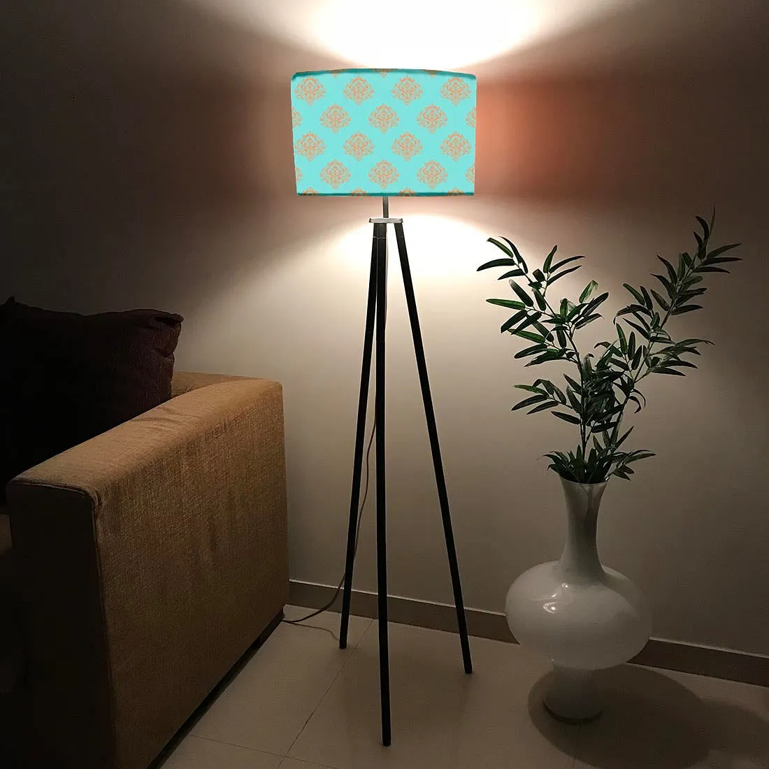 Tripod Floor Lamp Standing Light for Living Rooms -Blue Orange Damask