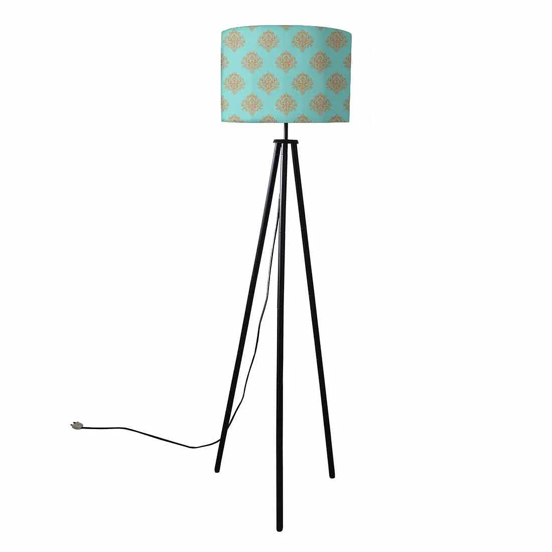 Tripod Floor Lamp Standing Light for Living Rooms -Blue Orange Damask