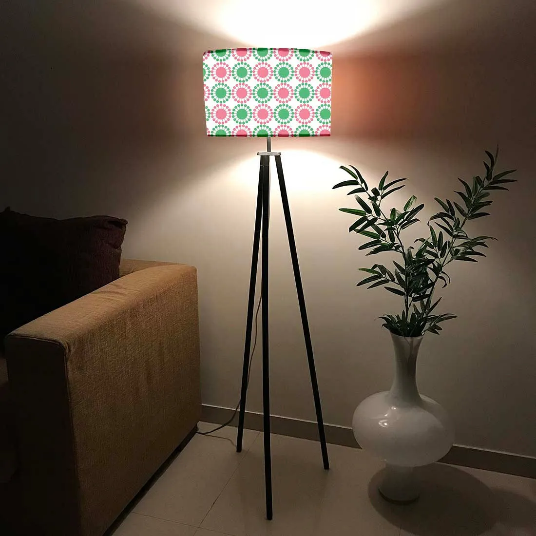 Tripod Standing Floor Lamp -Green Pink Circles