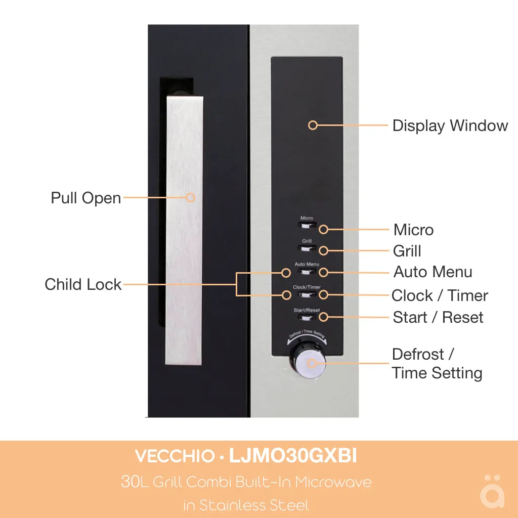 Vecchio 30L Grill Combi Built-In Microwave in Stainless Steel LJMO30GXBI