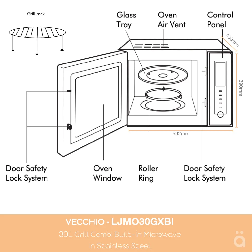 Vecchio 30L Grill Combi Built-In Microwave in Stainless Steel LJMO30GXBI